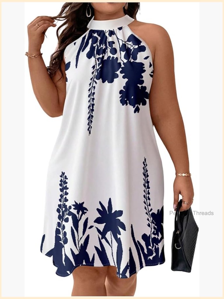 Plus Size Floral Halter Dress Sleeveless Tie Back A Line